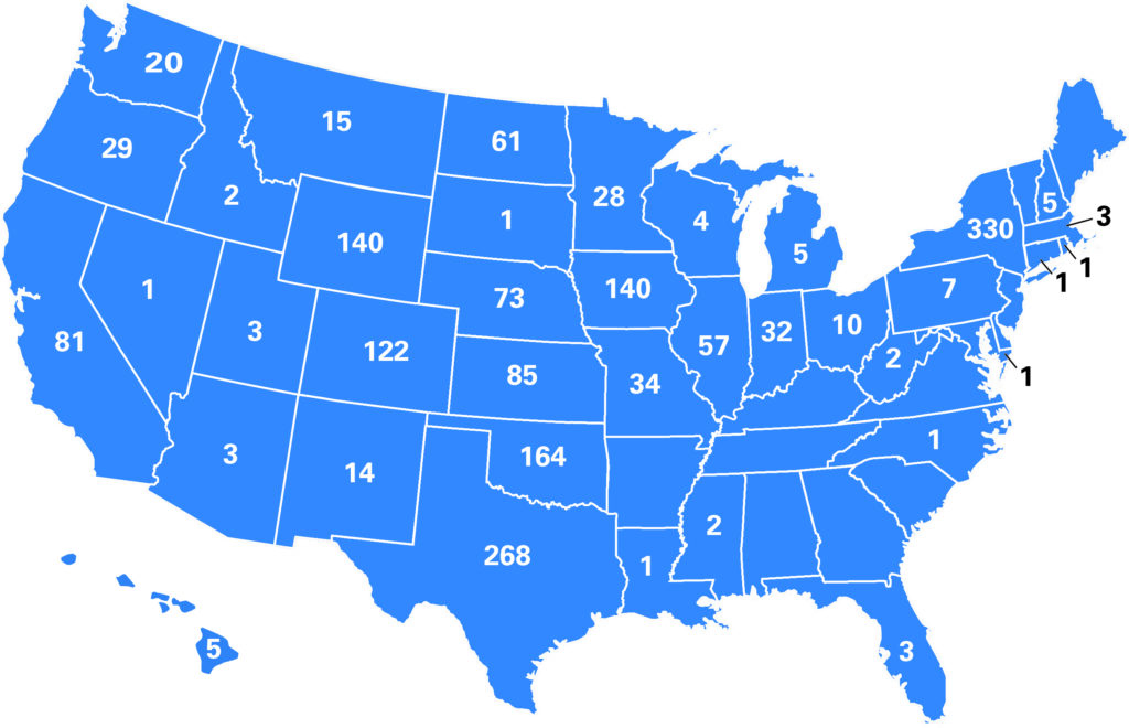 Map of the united states showing number of projects per state